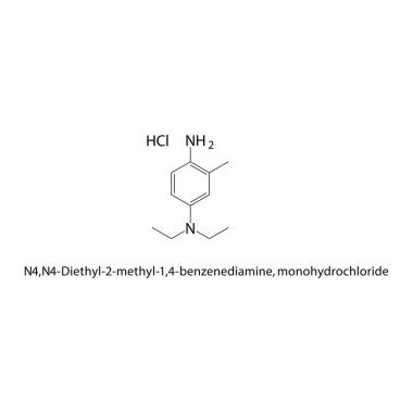 N4, N4-Dietil-2-metil-1,4-benzenediamin, tek hidroklorür iskelet yapısı. Aromatik elmacık tuzu bileşiği şematik çizimi. Basit diyagram, kimyasal formül..