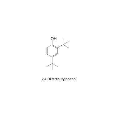 2,4-Di-tert-bütilfenol iskelet yapısı. Engellenmiş fenol bileşiği şematik çizimi. Basit diyagram, kimyasal formül..
