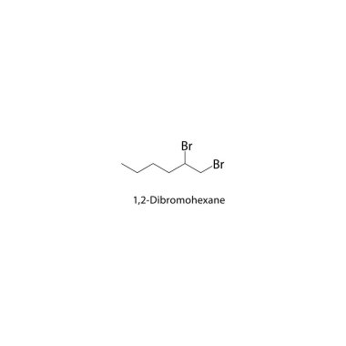 1,2-Dibromohexane skeletal structure. Halogenated alkane compound schematic illustration. Simple diagram, chemical formula.