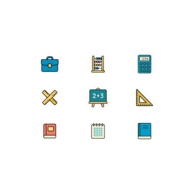 Okul Simgesine Dönüş 9. Düz Vektör Chalkboard, Hesap Makinesi, Yönetici ve Sınıf ve Çalışma Defteri Simgeleri