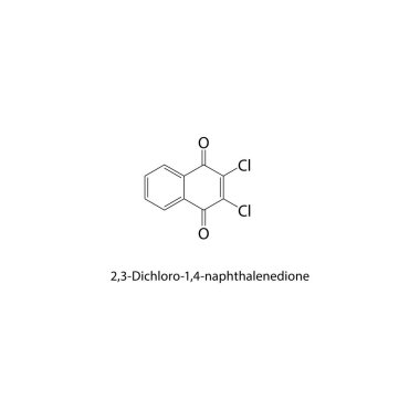 2,3-Dichloro-1,4-naphtalenedione iskelet yapısı. Halojen diketone bileşik şematik çizim. Basit diyagram, kimyasal formül..