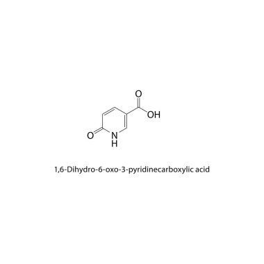 1,6-Dihydro-6-oxo-3-pyridinecarboxylic asit iskelet yapısı. Pyridine Asidi bileşik şematik çizimi. Basit diyagram, kimyasal formül..