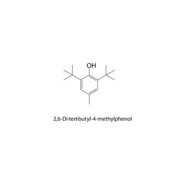 2,6-Di-tert-bütil-4-metilfenol (BHT) iskelet yapısı. Engellenmiş fenol antioksidan bileşik şematik çizim. Basit diyagram, kimyasal formül..