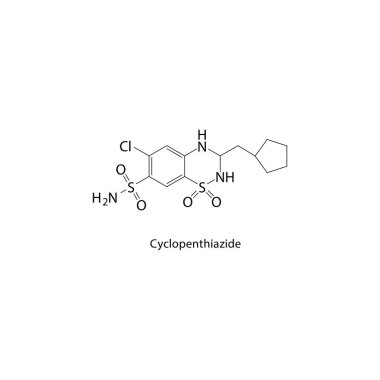 Cyclopenthiazide iskelet yapısı. Diüretik bileşik şematik çizim. Basit diyagram, kimyasal formül..