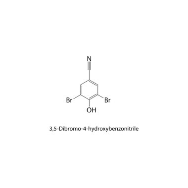 3,5-Dibromo-4-hydroxybenzonitrile skeletal structure. Halogenated nitrile compound schematic illustration. Simple diagram, chemical formula.