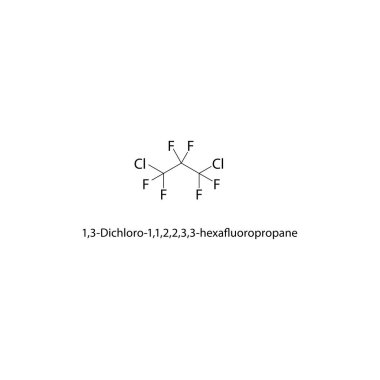 1,3-Dichloro-1,1,2,3,3-heksafloropropan iskelet yapısı. florlu alkan bileşik şematik illüstrasyon. Basit diyagram, kimyasal formül..