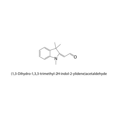 1,3-Dihydro-1,3,3-trimetil-2H-indol-2-ylidene asetaldehit iskelet yapısı. Indole Aldehyde bileşik şematik çizimi. Basit diyagram, kimyasal formül..