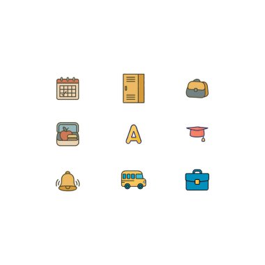 Okul Simgesine Dön Sayı 9 Beslenme Kutusu, Dolap, Okul Otobüsü, Alarm ve Eğitim ve Öğrenci Hayatı Takvimi