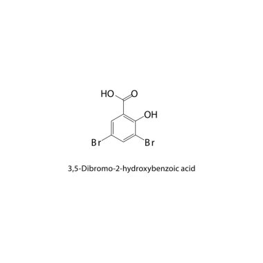 3,5-Dibromo-2-hydroxybenzoic acid skeletal structure. Halogenated acid compound schematic illustration. Simple diagram, chemical formula.