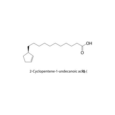 2-Cyclopentene-1-undekanoik asit, (R) - iskelet yapısı. Karboksilik asit bileşik şematik çizim. Basit diyagram, kimyasal formül..