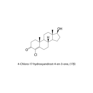 Steroid 4-Chloro-17-hidroksiyandrost-4-en-3-1 'in isim ve şematik moleküler yapısı, vektör çizimi, (17)