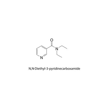 N, N-Dietil-3-pyridinecarboxamlı iskelet yapısı. Pyridine Amide bileşik şematik illüstrasyon. Basit diyagram, kimyasal formül..
