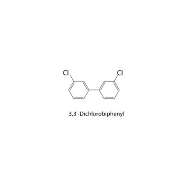 3,3-Dichlorobiphenyl iskelet yapısı. Halojen bifenil bileşik şematik çizim. Basit diyagram, kimyasal formül..