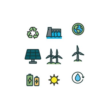 Yenilenebilir enerji kaynakları simgesi, güneş, rüzgar, hidrokütle, biyokütle ve yeşil enerji sembolleri gibi cesur hatlara sahip renkli çizgi film tarzında ayarlandı.