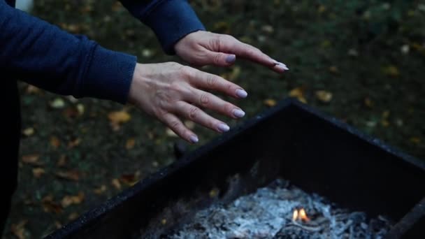 Aqueça Mãos Junto Fogo Estação Fria Rapariga Congelou Nos Braços — Vídeo de Stock