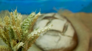 Antika çuvallarda taze pişmiş ev yapımı ekmek. Pikabın üstündeki ekmeğin üst görüntüsü. Buğday ekmeği.