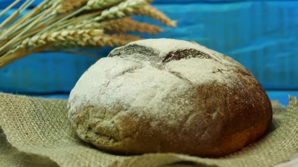 Detailní Záběr Čerstvého Chleba Pozadí Modrých Prken Hřeby Pšenice Chléb — Stock video
