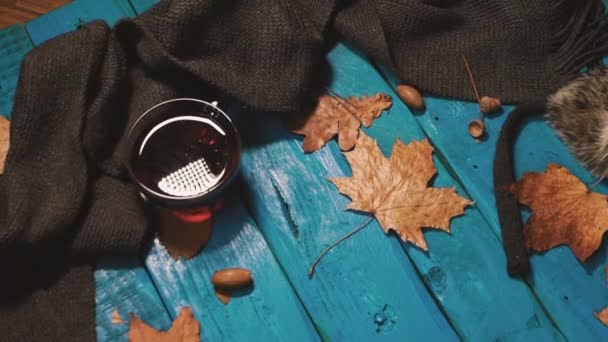 Vintage Video Warm Tea Mug Wooden Rustic Autumn Table Foliage — Stock Video