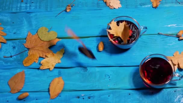 Cozy Autumn Background Cup Tea Old Wooden Table Leaves Blown — Stock Video