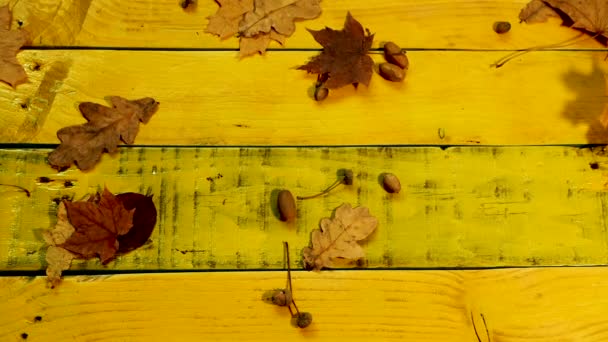 风把秋天的叶子吹散在一张木制桌子上 秋季背景图片空间顶视图 — 图库视频影像