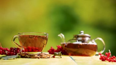 Kırmızı böğürtlenli viburnum 'dan çay. Çayı şeffaf bardakta, çaydanlık da tahta masada. Yeşil bokeh arkaplanda tıbbi böğürtlen çayı
