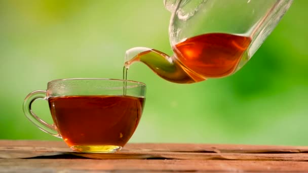 Fekete Teát Önteni Egy Teáskannából Egy Pohárba Forró Tea Egy — Stock videók