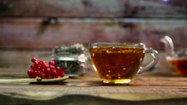 Slow Motion Fruit Black Berry Tea Transparent Glass Cup Teapot — Stock Video