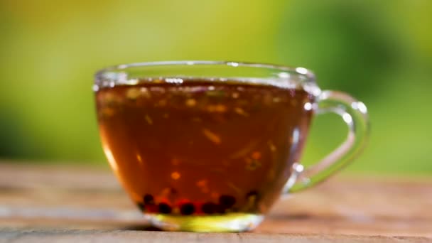 Közelkép Gyümölcstea Bogyó Átlátszó Üvegpohárban Természetes Tea Nyári Zöld Bokeh — Stock videók