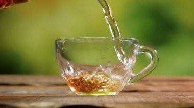 Yavaş çekimde, şeffaf cam bardakta çaydanlık ile meyveli meyveli çilek. Yeşil Bokeh arka planında doğal çay. Kırmızı viburnum üzümlü çay