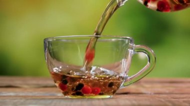  Meyve çayını fincana dök. Yeşil Bokeh arka planında doğal çay. Kırmızı viburnum ve siyah yaban mersinli çay