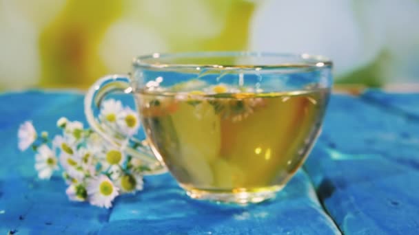 Close Chamomile Tea Transparent Glass Cup Wooden Blue Table Fragrant — Stock Video