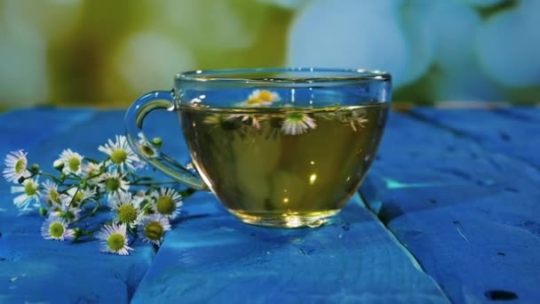 将煮好的茶壶中的甘菊茶倒入透明的玻璃杯中 在夏天的背景下 用花瓣芬芳的药茶 同种异体饮料促进健康 — 图库视频影像