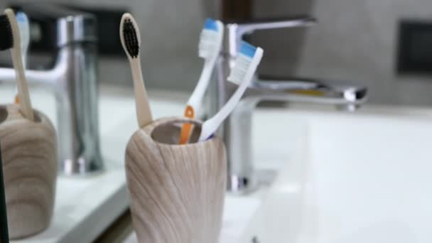 バスルームのケースの歯ブラシ 歯ブラシを手に取って — ストック動画