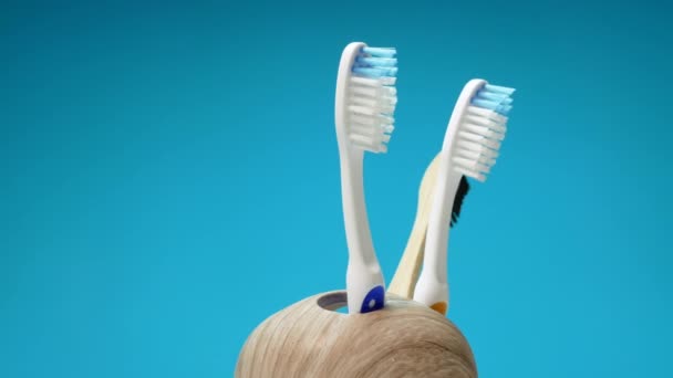 Ένα Σετ Οδοντόβουρτσες Περιστρέφεται Περιστρεφόμενη Βάση Πάνω Μπλε Φόντο Οδοντόβουρτσα — Αρχείο Βίντεο