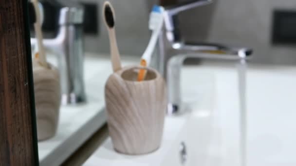 Escovas Dentes Caso Banheiro Uma Pessoa Coloca Uma Escova Dentes — Vídeo de Stock