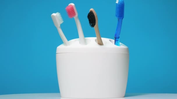 Μια Σειρά Από Πολύχρωμες Οδοντόβουρτσες Μια Λευκή Θήκη Μπλε Φόντο — Αρχείο Βίντεο