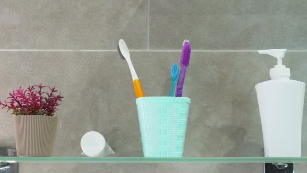 浴室の場合の歯ブラシの動きのアニメーションを停止します 健康的な歯の概念 浴室のガラス棚のカラフルな歯ブラシ — ストック動画