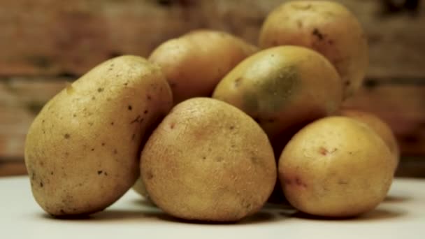 一个天然的土豆的特写 皮肤在白色的转盘背景下的老式板 收获马铃薯工作室拍摄 — 图库视频影像