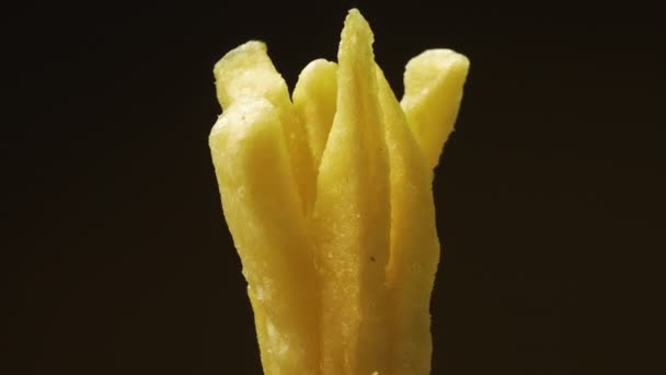 Pommes Frites Auf Schwarzem Hintergrund Rotieren Appetitlich Salzige Kartoffeln Bratkartoffeln — Stockvideo