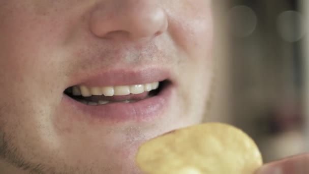 Close Young Man Eating Chips Unhealthy Food Man Eats Fried — Stock Video
