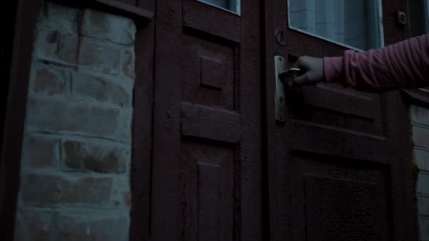Man Hand Breaks Doorknob Man Trying Open Front Door Pull — Stock Video