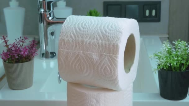 Banyodaki Bir Rulo Beyaz Tuvalet Kağıdı Bir Pikapta 360 Derece — Stok video