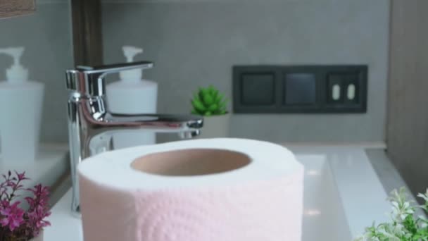 照相机慢动作浴室里的一卷白色卫生纸不能在转盘上旋转 卫生纸滑梯相机的特写 工作室拍摄 — 图库视频影像