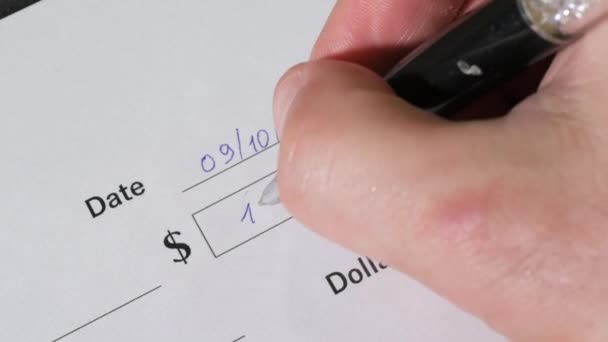 Man Employee Bank Writes Dollar Check 1000 Dollars Salary Statement — Stock Video