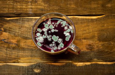 Kalıplı bir fincanda kırmızı çay, içecekte mantar, kahverengi ahşap bir masada içkili bir fincanda küf. Bozuk çay.