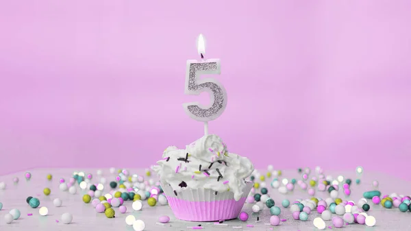 Beautiful birthday greetings to a five-year-old child on a pastel pink background, postcard for 5 years happy birthday copy space. Festive background with creamy cupcake
