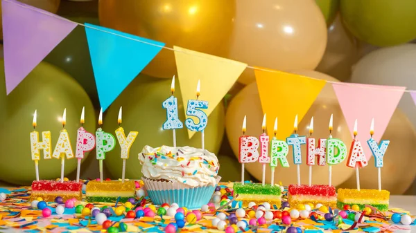 Cream Cupcake Κερί Για Δεκαπέντε Χρόνια Ευχετήρια Πολύχρωμη Κάρτα Χρόνια — Φωτογραφία Αρχείου