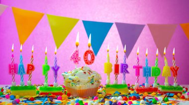 40 numaralı doğum günü kartı. Doğum günün kutlu olsun. Altı on beş yaşında. Mumlar şenlikli kremalı pastayla yanar. Tebrik kartı.