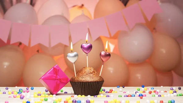 A congratulation for any holiday for a muffin girl with hearts and a gift box, light candles. Copy space, congratulations, decorations balloons with burning candles. Birthday card with cupcake and candles