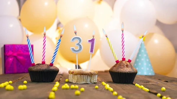 Beautiful Birthday Card Girl Number Cupcake Background Balloons Thirty One — Zdjęcie stockowe